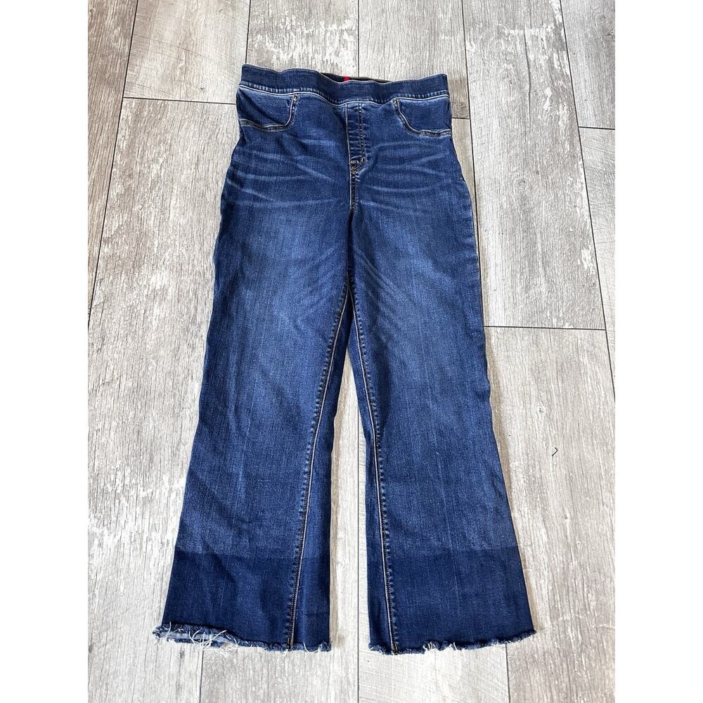 Spanx Jeans Blue Pull On Stretch Crop Flare Raw Hem High Rise Tummy Shaping Lg